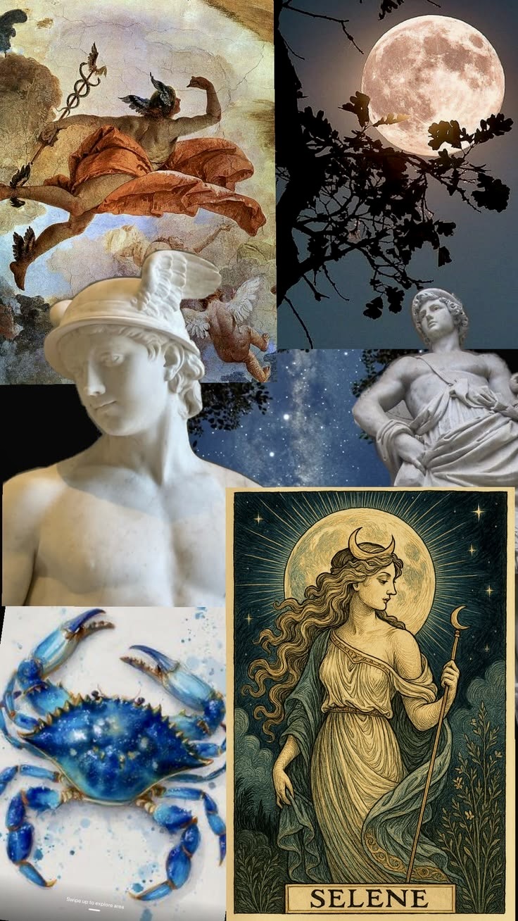 collage of Hermes-Mercury and the Moon